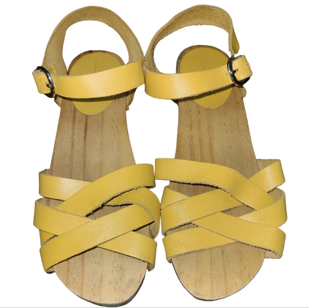 Zara Grls Sz 33 Leather & Wood Sandals Clog SweedishStyle CottageCore BohoChic